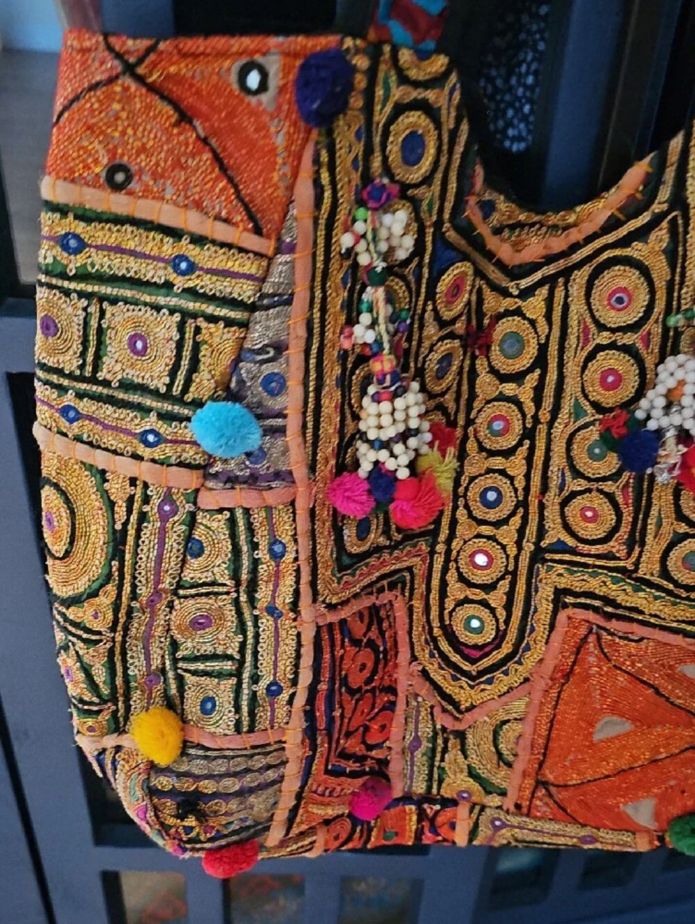 Handmade Embroidered Orange Tribal Tote Bag with Pom-Pom Accents